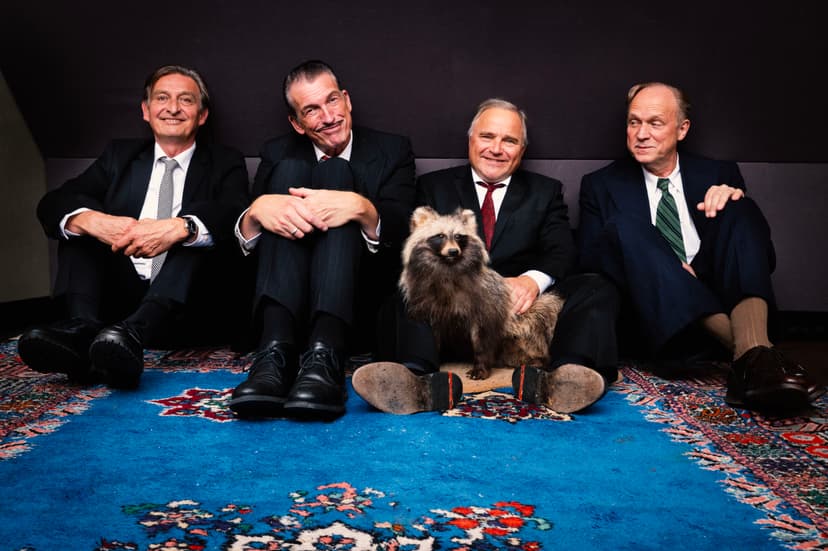 Ulrich Tukur und seine Band sitzen in eleganten Anzügen entspannt nebeneinander auf einem blauen Teppich und blicken lächelnd in die Kamera; in ihrer Mitte ein ausgestopfter Marderhund; die Szene wirkt humorvoll und ungezwungen.