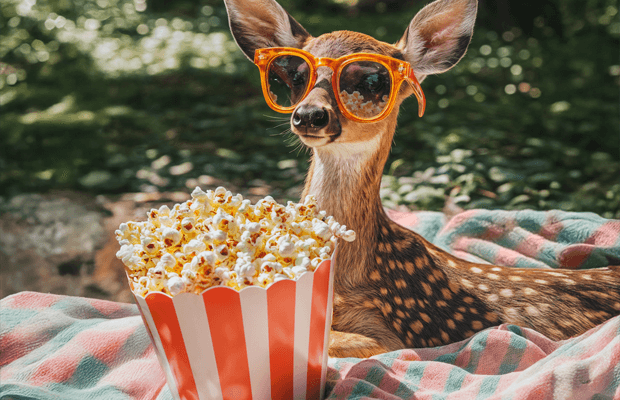 Fotorealistische Abbildung eines Rehkiz, das mit einer Packung Popkorn auf einer Picknickdecke liegt und eine orangene Sonnenbrille trägt.