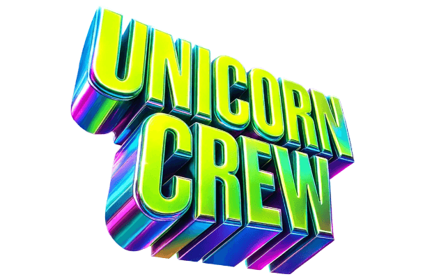 Der Schriftzug "UNICORN CREW" steht in in Versalien vor weißem Hintergrund. Er ist in 3D-Optik gehalten, wobei die Buchstaben selbst gelb und deren Schatten bunt sind.