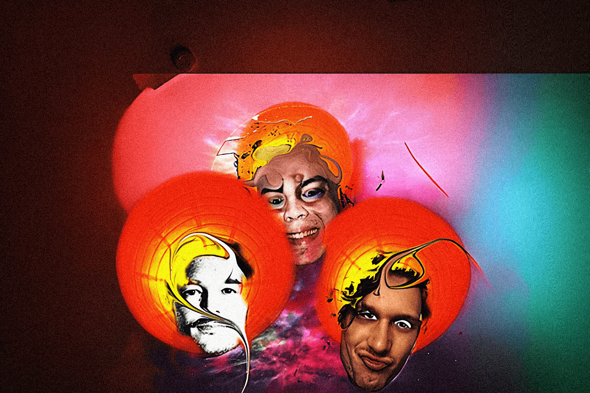 Farbenfrohe Projektion mit drei künstlerisch verfremdeten Porträts der DJs des Abends, überlagert von abstrakten Licht- und Farbeffekten.