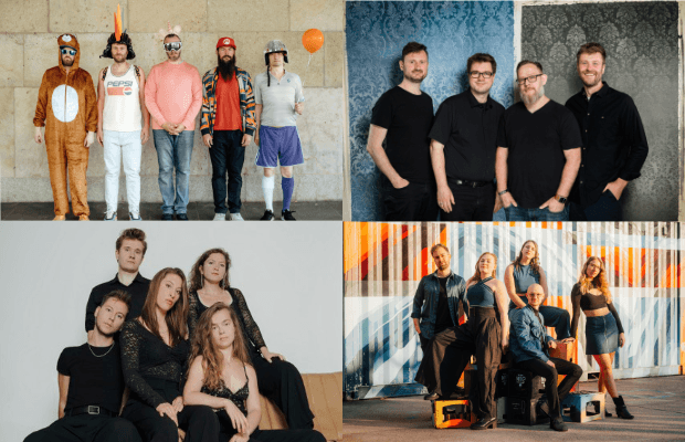 Collage aus vier Bandfotos: oben links fünf Personen in bunten und teils kostümierten Otfits vor einer hellen gemauerten Wand (YeoMen); oben rechts vier Personen in dunkler Kleidung nebeneinander vor gemusterter Tapetenwand (Pitch Pipe Project); unten links fünf Personen in schwarzer Kleidung, teils sitzend, teils stehend in Studio-Setting (Lylac); unten rechts fünf Personen vor bunter Wand, teils sitzend, teils stehend auf Getränkekisten (NOICE).
