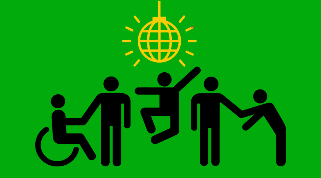 Illustration auf grünem Hintergrund: Fünf schwarze Figuren tanzen unter einer gelben Discokugel. Eine Person sitzt im Rollstuhl, andere tanzen oder unterstützen sich gegenseitig.