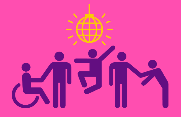 Illustration auf pinkem Hintergrund: Fünf lila Figuren tanzen unter einer gelben Discokugel. Eine Person sitzt im Rollstuhl, andere tanzen oder unterstützen sich gegenseitig.